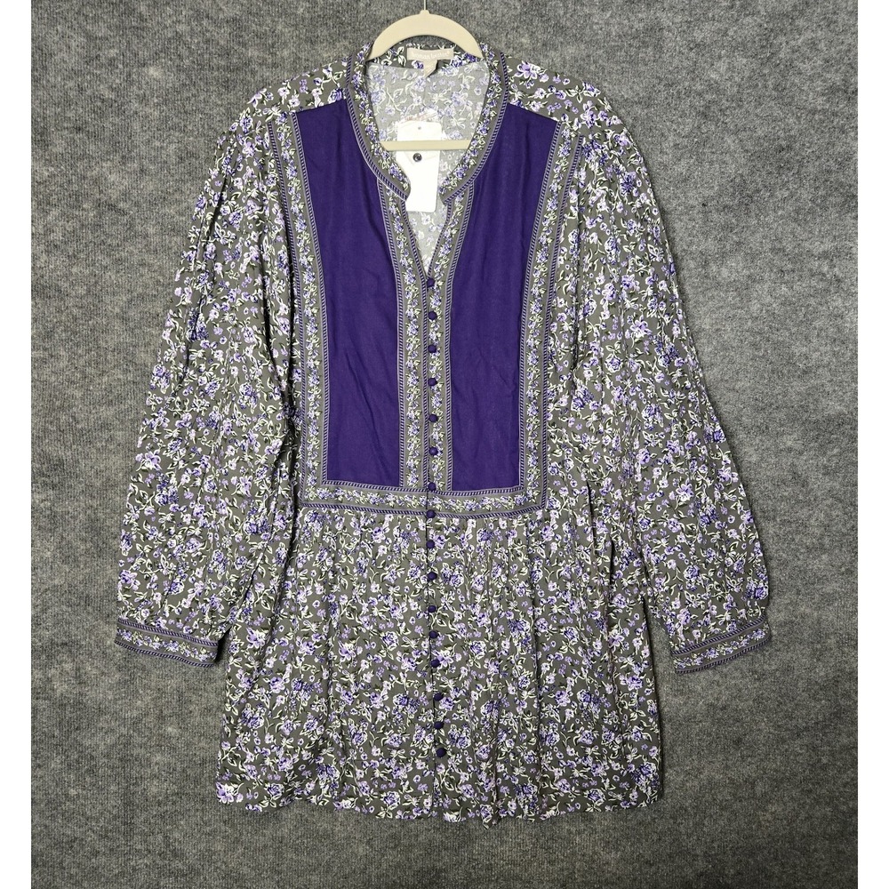 Woman Within Top Womens 2X Purple Green Wildflowers Tunic Cottage Button Up New